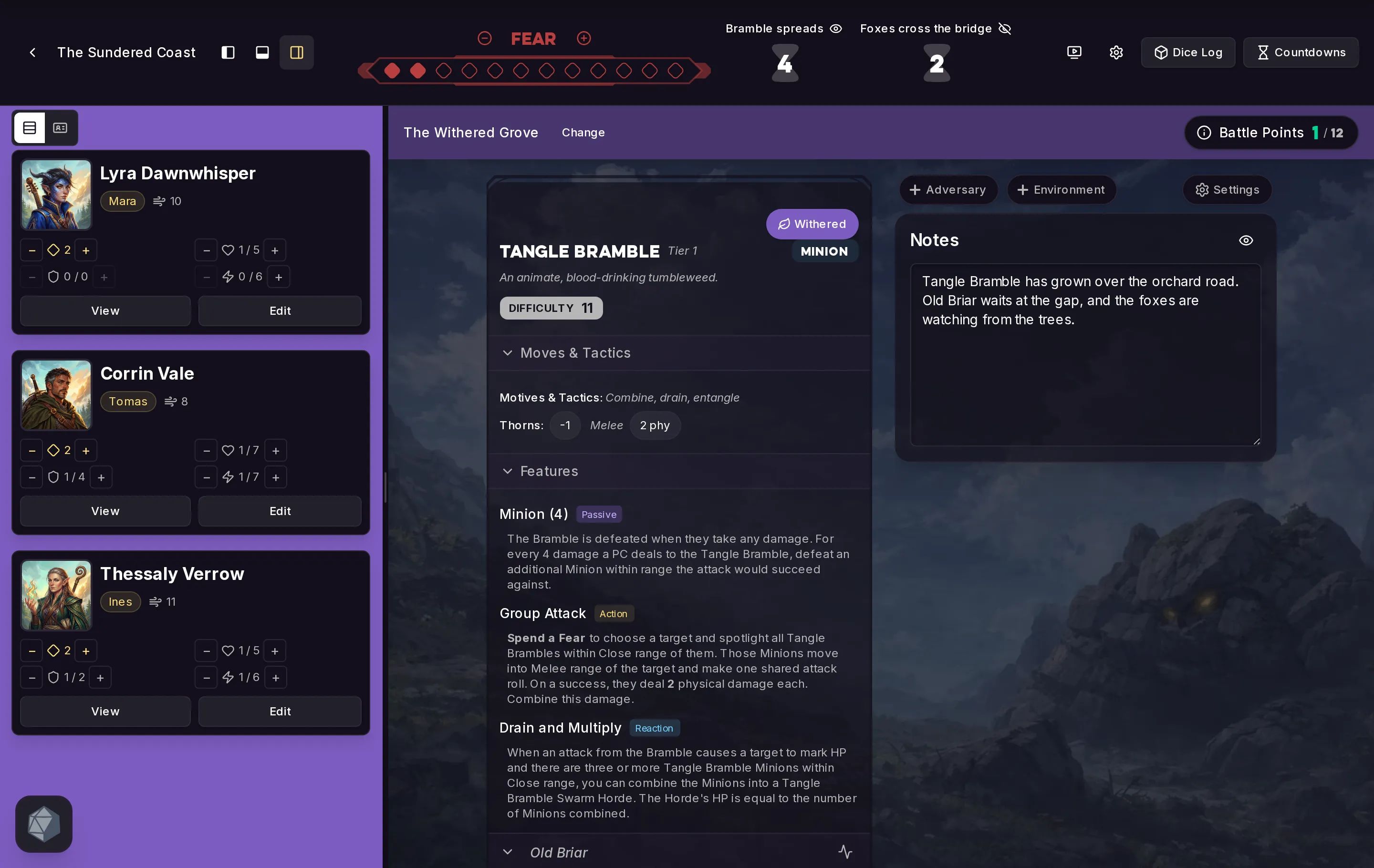 Live GM session for The Sundered Coast with the Fear tracker and a tracker for each player character; wider screens also show two countdowns, the Tangle Bramble encounter and notes