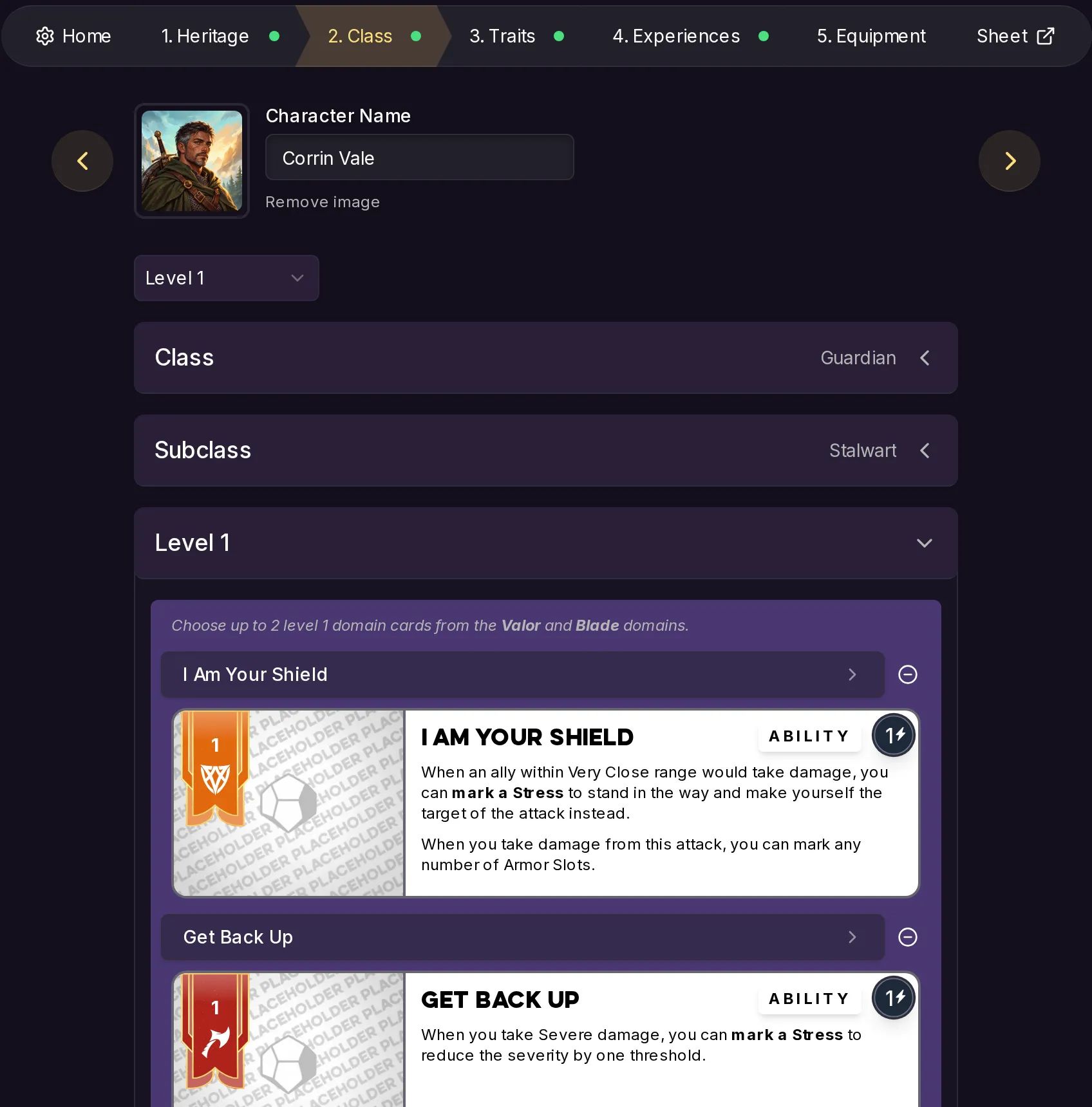DaggerHub character creator on the Class step with Guardian and Stalwart chosen and Level 1 open, showing the chosen Domain card I Am Your Shield