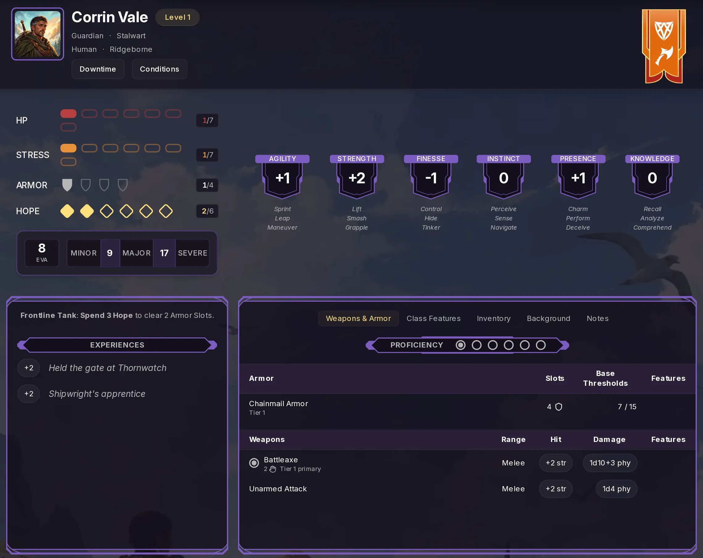 Digital character sheet for Corrin Vale, a level 1 Human Guardian, with HP, Stress, Armor and Hope trackers, damage thresholds, weapons, and trait scores