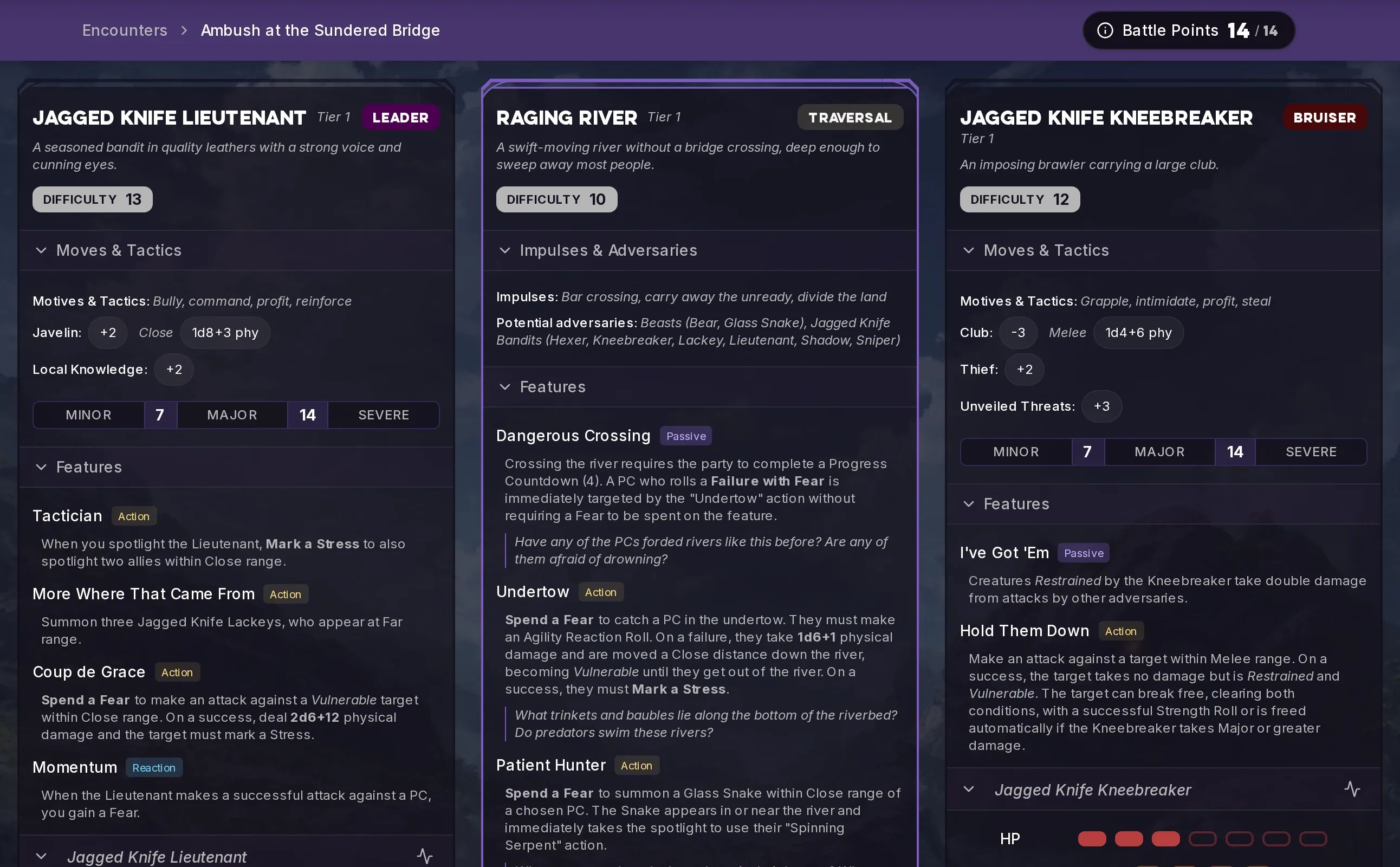 DaggerHub encounter builder showing a Tier 1 Jagged Knife Lieutenant encounter with Battle Points at 14 of 14