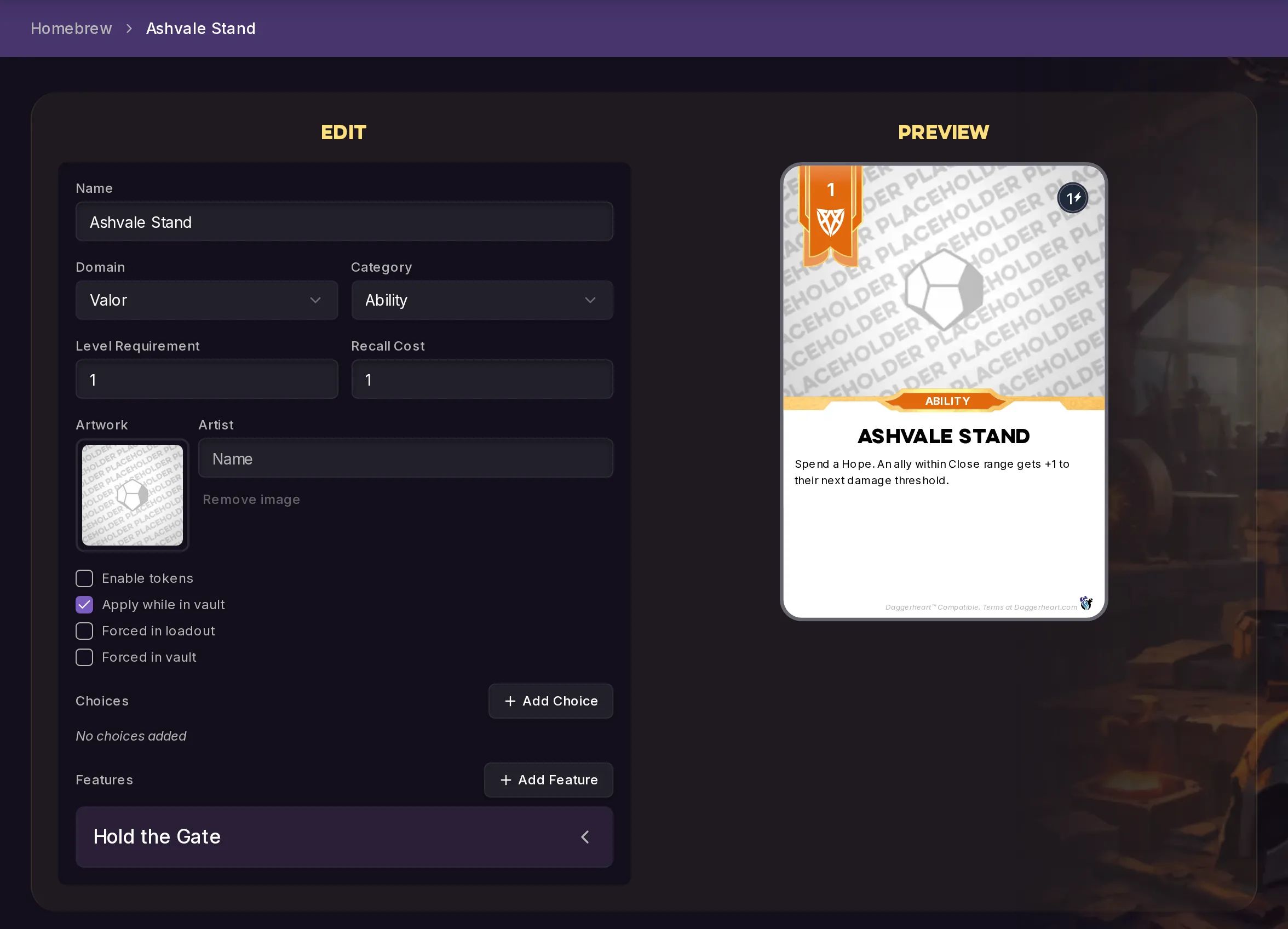 Homebrew editor for the Domain card Ashvale Stand, with Valor selected and the card preview beside the form