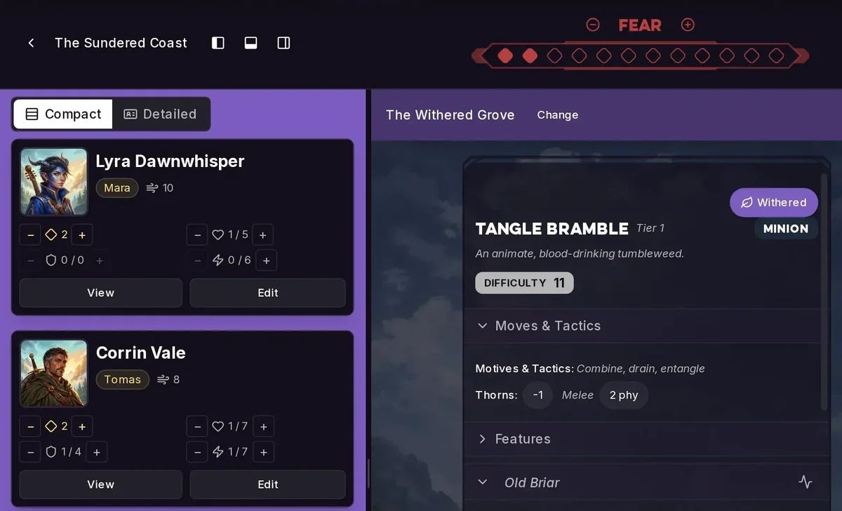 Live campaign dashboard with the Fear tracker, party resources and a Tangle Bramble encounter