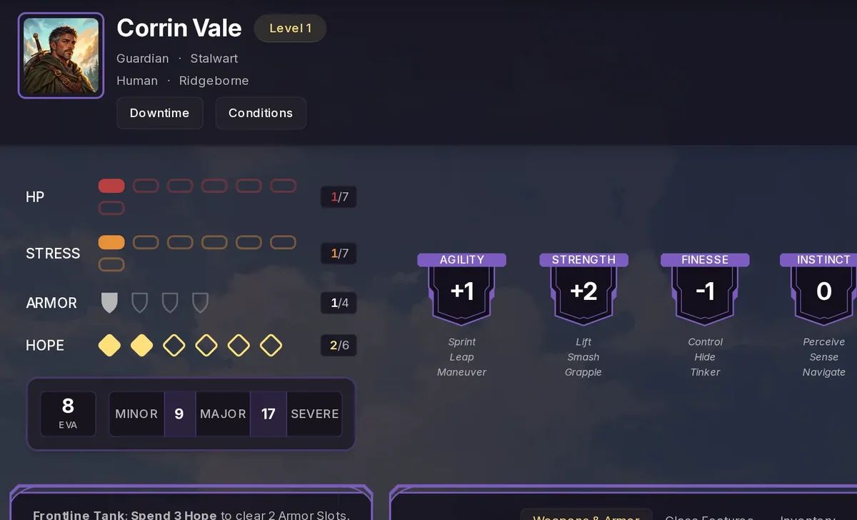 DaggerHub character sheet for Corrin Vale, showing traits, health, stress, Hope and weapons