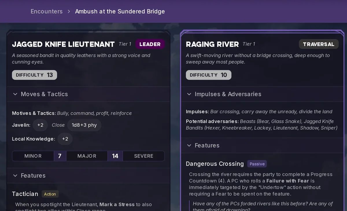Encounter builder showing the Jagged Knife Lieutenant adversary and Raging River environment